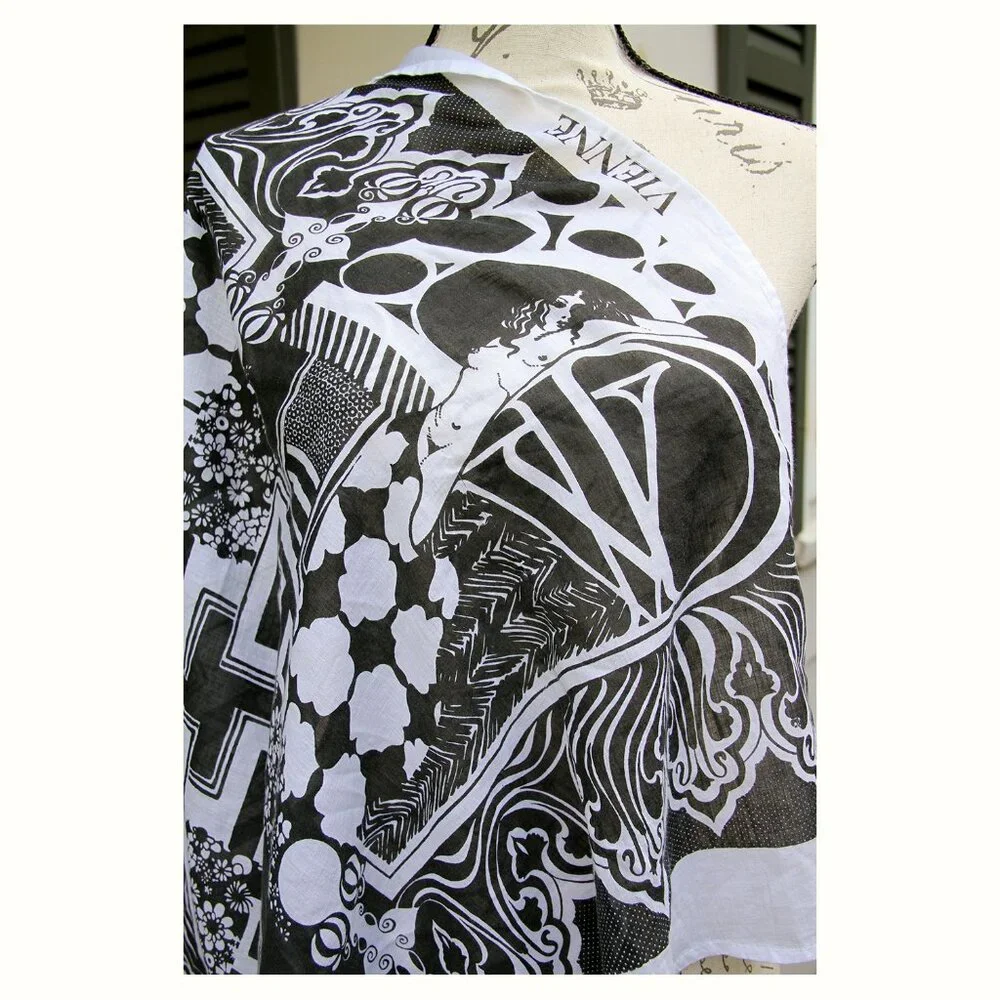 Vintage Deco Nouveau Verna Design B&W Square Cotton Scarf